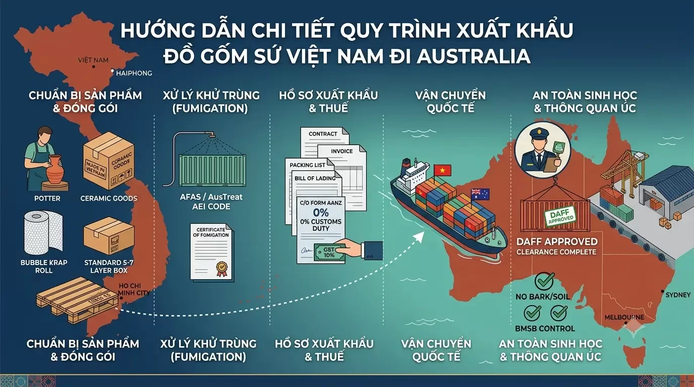 Hướng dẫn Chi tiết Quy trình Xuất khẩu Đồ Gốm sứ từ Việt Nam đi Australia